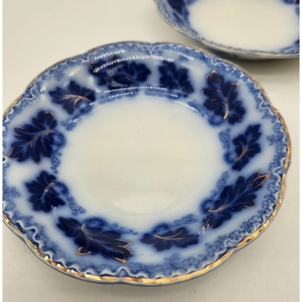 Johnson Bros Normandy Flow Blue Leaf 2 Saucers/1 Plate England Vintage Gold Trim
